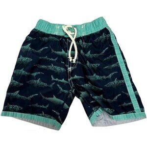 Boys Shark Print Swim Trunks With Elastic Waist & Back Pocket Navy & Teal Size 3